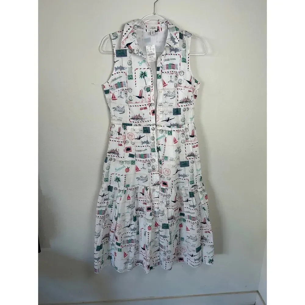 J.Crew Postcard Print Sleeveless Midi Dress 2P NWT Cottage Core Missing Belt - Picture 5 of 6
